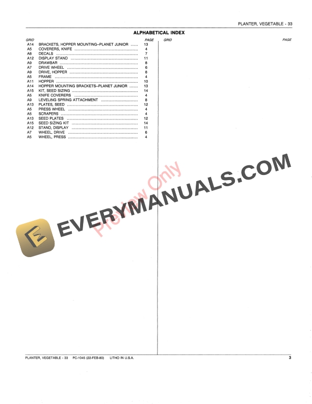 John Deere 33 Vegetable Planter Parts Catalog PC1045 22FEB80 6 John Deere 33 Vegetable Planter Parts Catalog PC1045 22FEB80 5