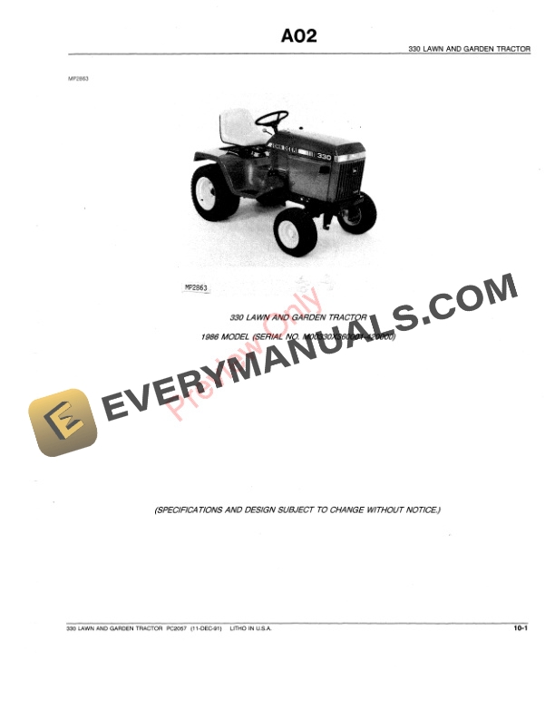 John Deere 330 Lawn and Garden Tractor Parts Catalog PC2057 11DEC91-3