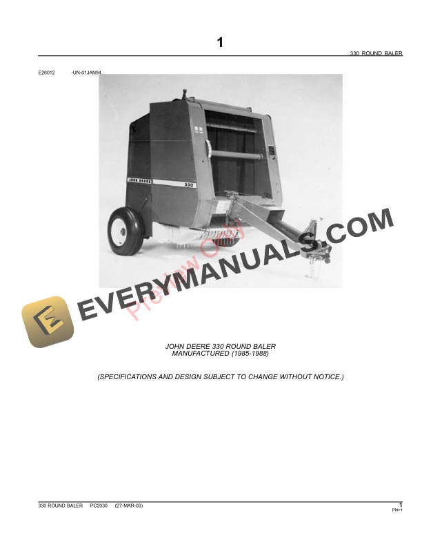 John Deere 330 Round Baler Parts Catalog PC2030 09MAY11-3