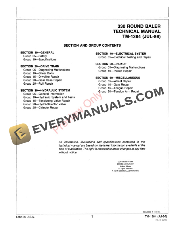 John Deere 330 Round Baler Technical Manual TM1384 01JUL86 3