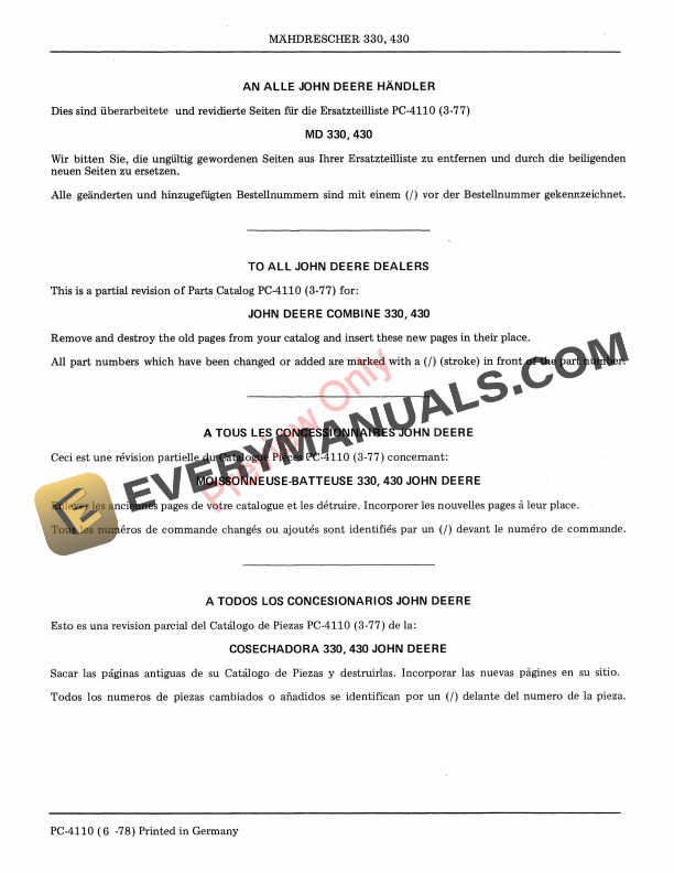 John Deere 330 and 430 Combine Parts Catalog PC4110 01JUN78 English