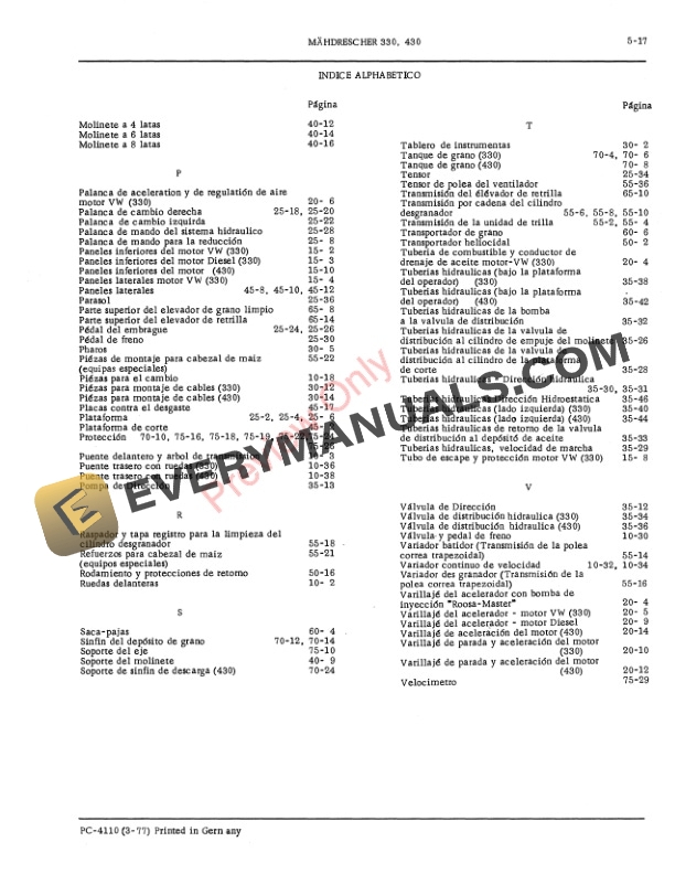 John Deere 330 and 430 Combine Parts Catalog PC4110 01JUN78 English,German-3