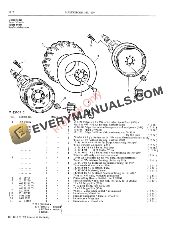 John Deere 330 and 430 Combine Parts Catalog PC4110 01JUN78 English,German-4