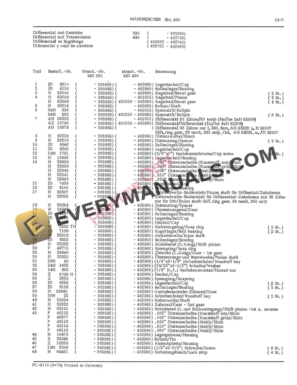 John Deere 330 and 430 Combine Parts Catalog PC4110 01JUN78 English,German-5