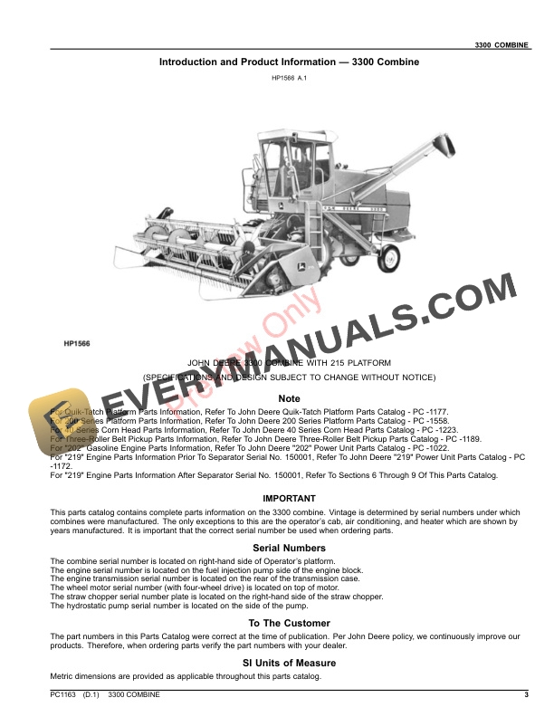 John Deere 3300 COMBINE Parts Catalog PC1163 26APR21 3