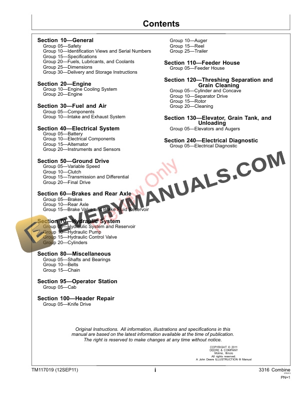 John Deere 3316 Combine Technical Manual TM117019 12SEP11 3