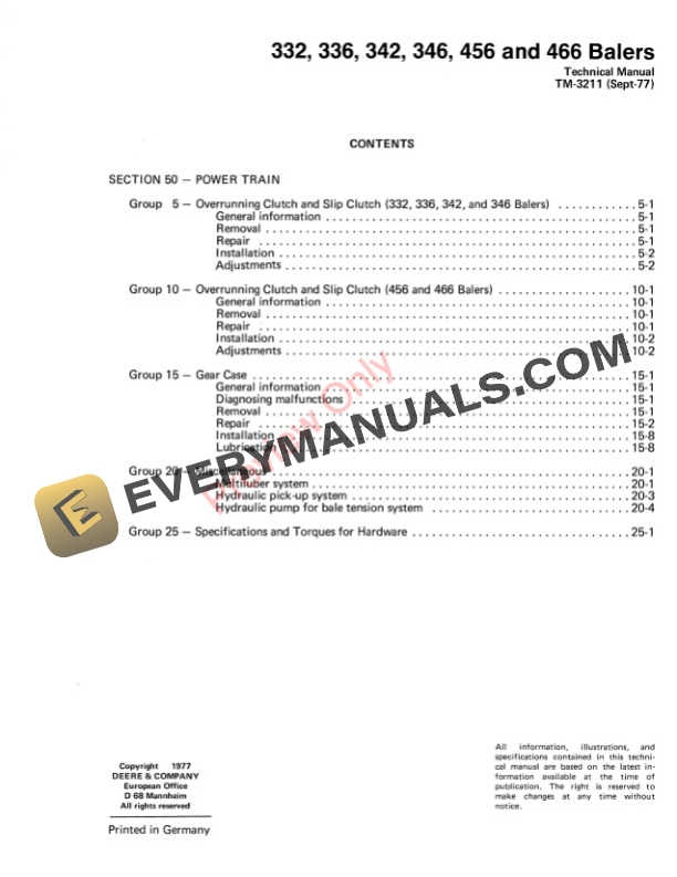 John Deere 332 336 342 346 456 and 466 Balers Technical Manual TM3211 01SEP77 3