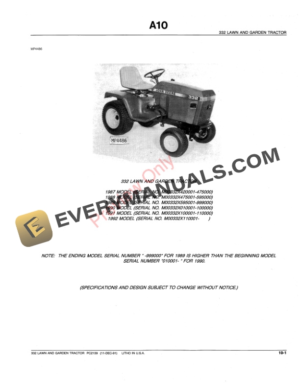 John Deere 332 Lawn and Garden Tractor Parts Catalog PC2139 11DEC91 4 John Deere 332 Lawn and Garden Tractor Parts Catalog PC2139 11DEC91-3