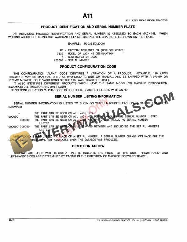 John Deere 332 Lawn and Garden Tractor Parts Catalog PC2139 11DEC91 5 John Deere 332 Lawn and Garden Tractor Parts Catalog PC2139 11DEC91-4