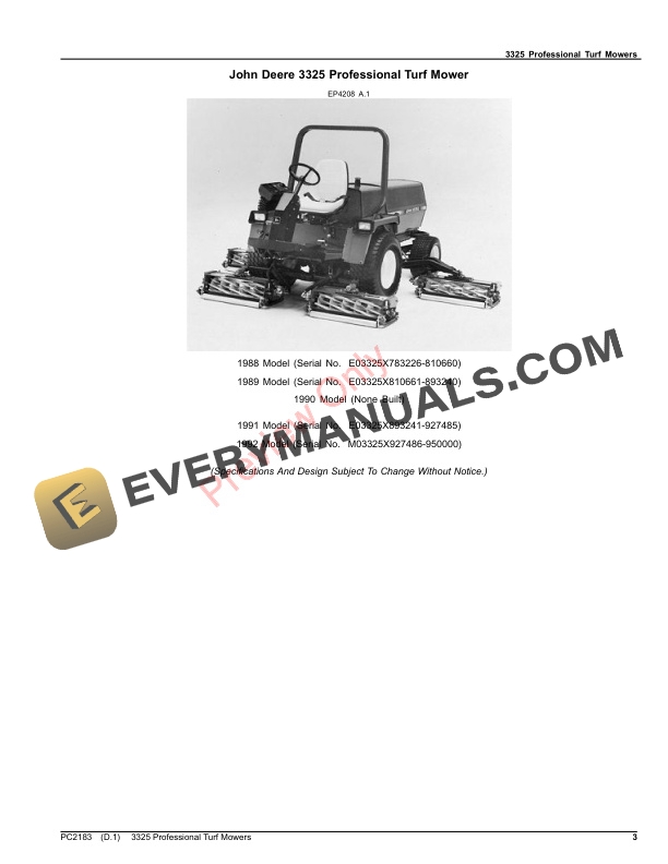 John Deere 3325 PROFESSIONAL TURF MOWERS Parts Catalog PC2183 25JUL23-3