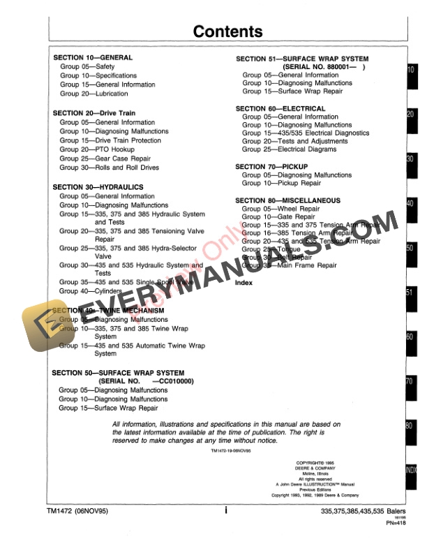 John Deere 335, 375, 385, 435 and 535 Round Baler and Surface Wrap System Attachment Baler Technical Manual TM1472 06NOV95 5 John Deere 335 375 385 435 and 535 Round Baler and Surface Wrap System Attachment Baler Technical Manual TM1472 06NOV95 3
