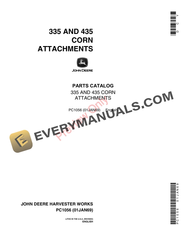 John Deere 335, 435 Corn Attachments Parts Catalog PC1056 01JAN69-1