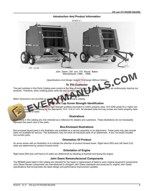John Deere 335 AND 375 ROUND BALERS Parts Catalog PC2274 20SEP21-3