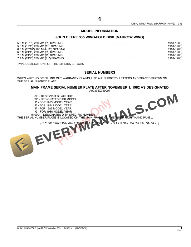 John Deere 335 Wing-Fold Disk (Narrow-Wing) Parts Catalog PC1829 31MAY11-3