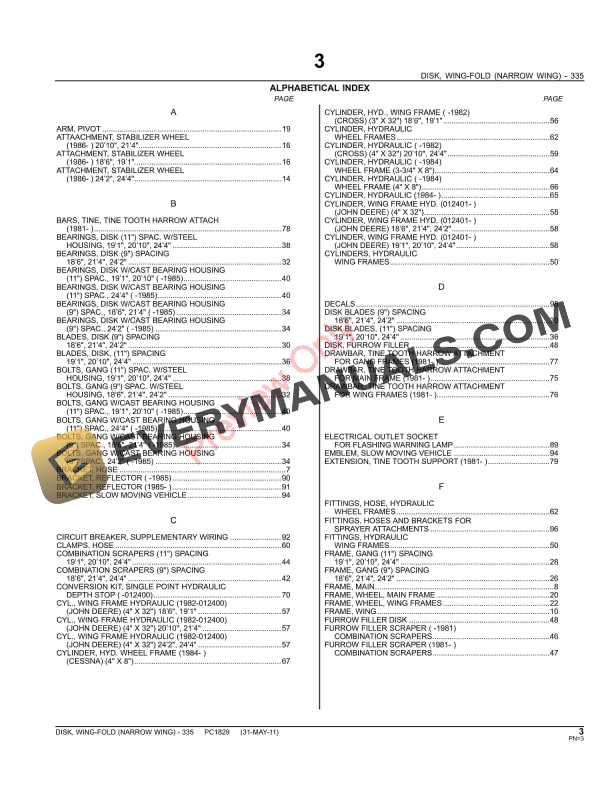 John Deere 335 Wing-Fold Disk (Narrow-Wing) Parts Catalog PC1829 31MAY11-5