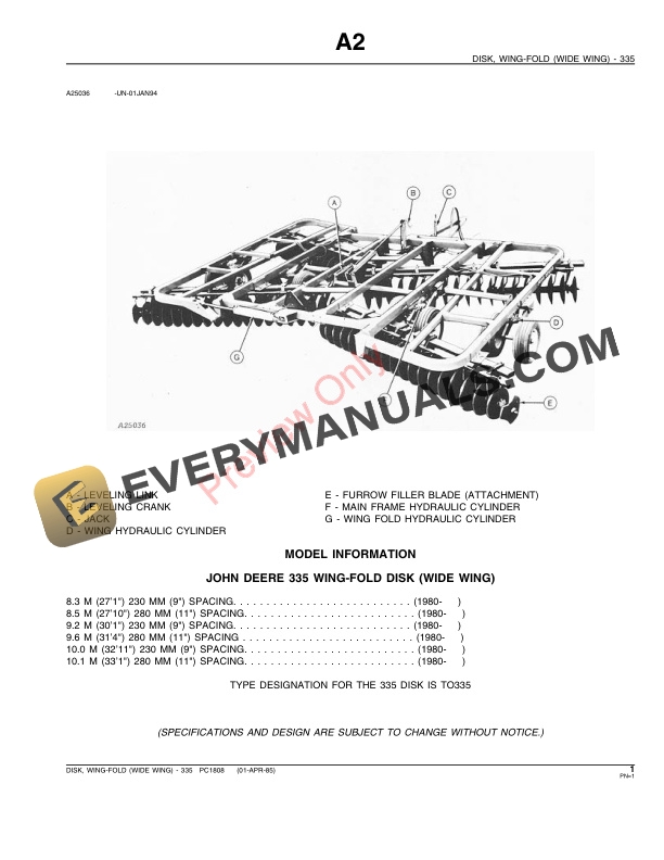 John Deere 335 Wing-Fold Disk (Wide-Wing) Parts Catalog PC1808 26MAR86-3