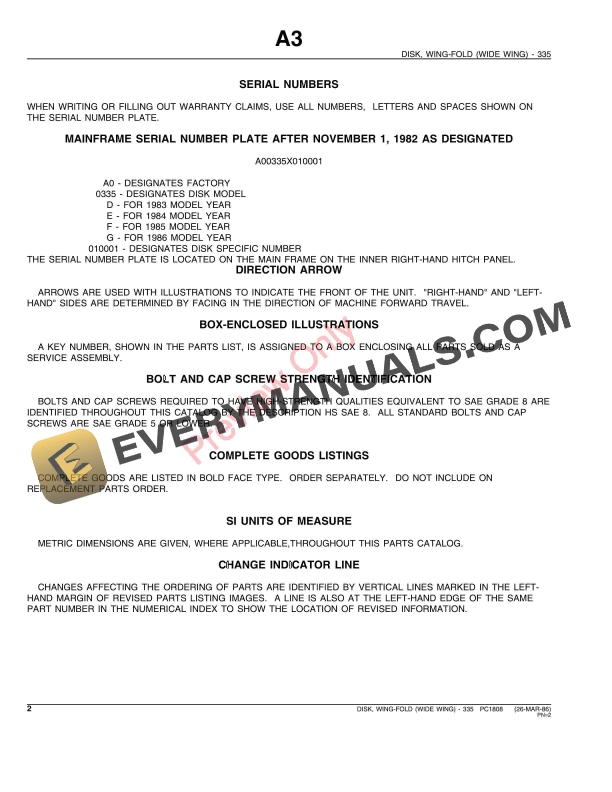 John Deere 335 Wing-Fold Disk (Wide-Wing) Parts Catalog PC1808 26MAR86-4