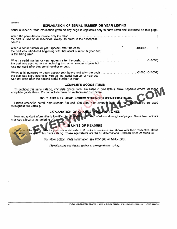 John Deere 3350, 3450 Series Drawn Moldboard Plows Parts Catalog PC1206 08APR80-4