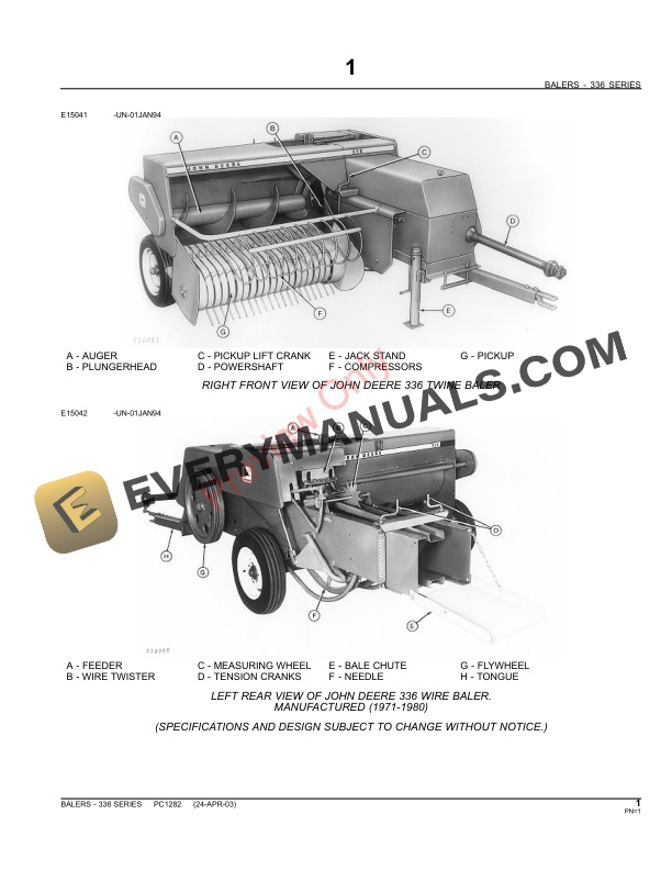John Deere 336 Square Baler Parts Catalog PC1282 11MAY11-3
