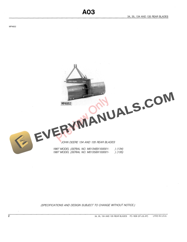 John Deere 34, 35, 134 and 135 Rear Blades Parts Catalog PC1836 07JUL87-4