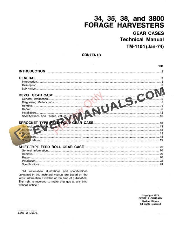 John Deere 34 35 38 and 3800 Forage Harvester Gear Case Technical Manual TM1104 01JAN74 3