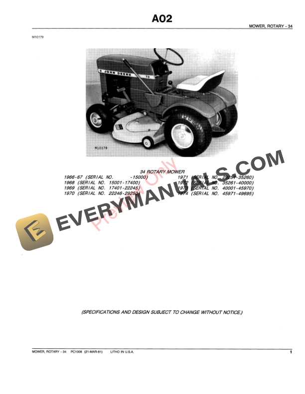 John Deere 34 Tractor-Mounted Mower (Deck mfg. 1966 Parts Catalog PC1008 29JUL91 4 John Deere 34 Tractor Mounted Mower Deck mfg. 1966 Parts Catalog PC1008 29JUL91 3