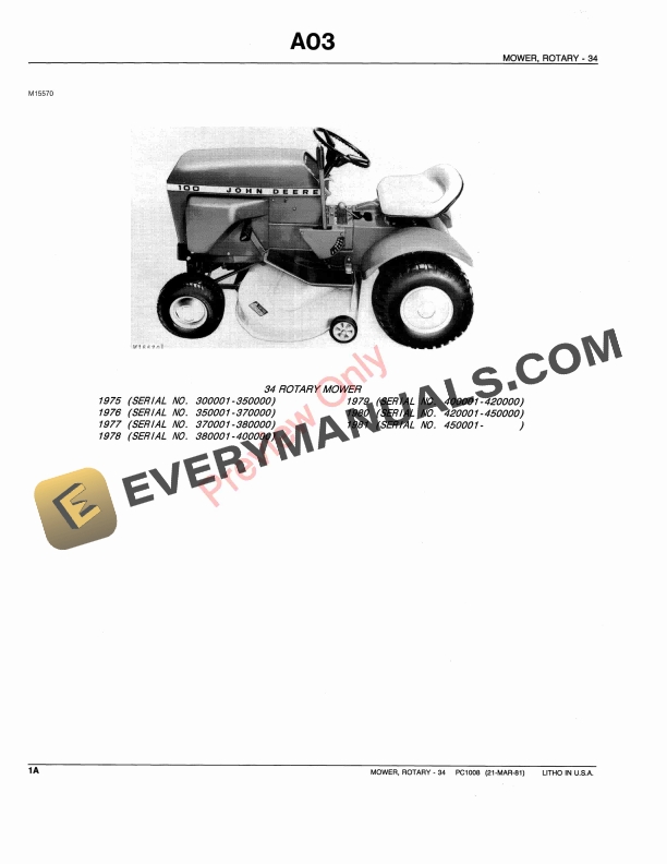 John Deere 34 Tractor-Mounted Mower (Deck mfg. 1966 Parts Catalog PC1008 29JUL91 5 John Deere 34 Tractor Mounted Mower Deck mfg. 1966 Parts Catalog PC1008 29JUL91 4