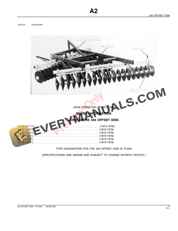 John Deere 340 Offset Disk Parts Catalog PC1395 19AUG99-3