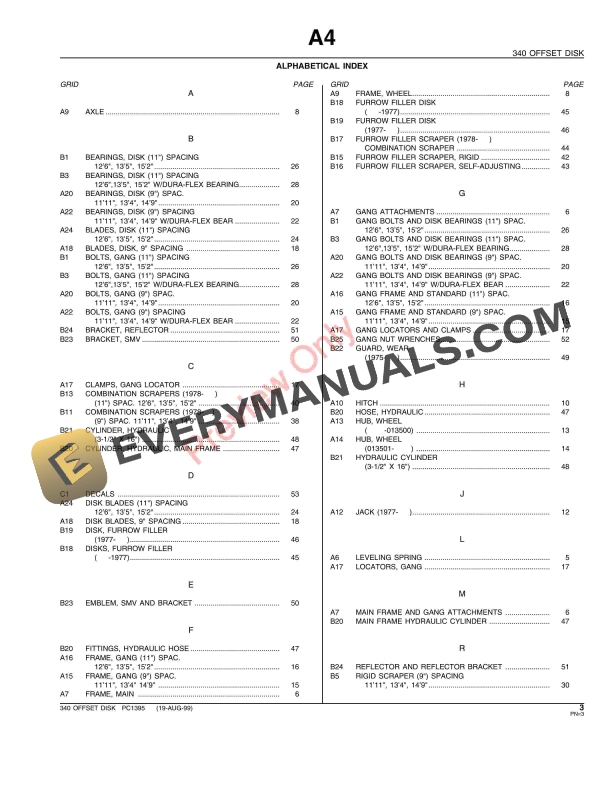 John Deere 340 Offset Disk Parts Catalog PC1395 19AUG99-5