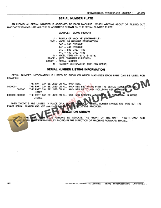 John Deere 340 and 440 Snowmobiles Cyclone and Liquifire Parts Catalog PC1517 01DEC81-4