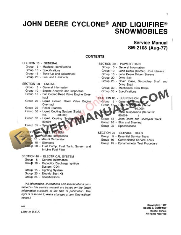 John Deere 340 and 440 Snowmobiles Cyclone and Liquifire Service Manual SM2108 01AUG77 3