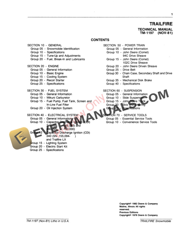 John Deere 340 and 440 Trailfire and Trailfire LX Snowmobiles Technical Manual TM1197 01NOV81 3