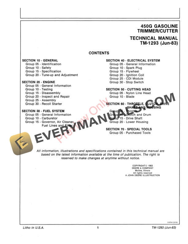 John Deere 340G, 450G Edger Trimmer Technical Manual TM1293 01JUL83 4 John Deere 340G 450G Edger Trimmer Technical Manual TM1293 01JUL83 3