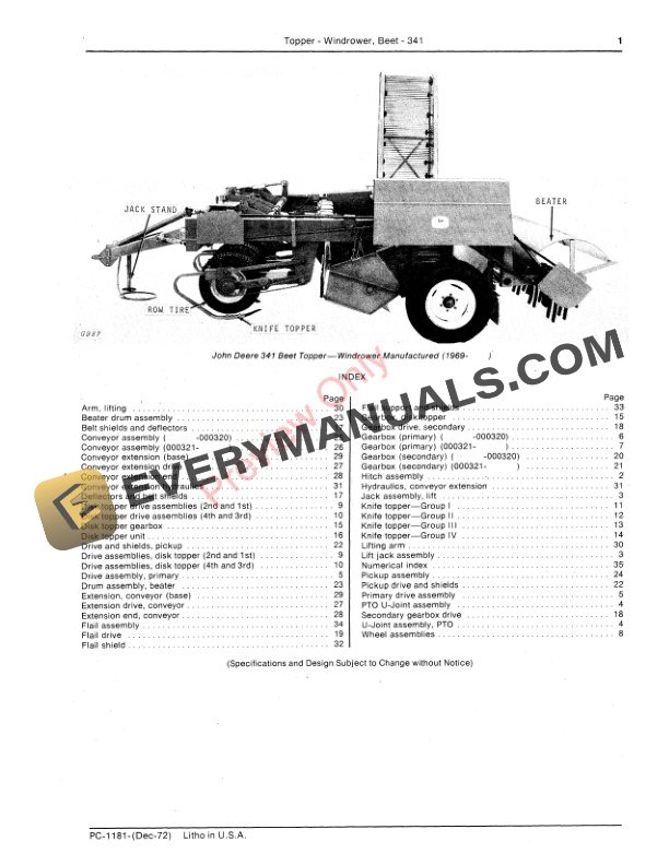 John Deere 341 Beet Topper Windrower Parts Catalog PC1181 01DEC72 3