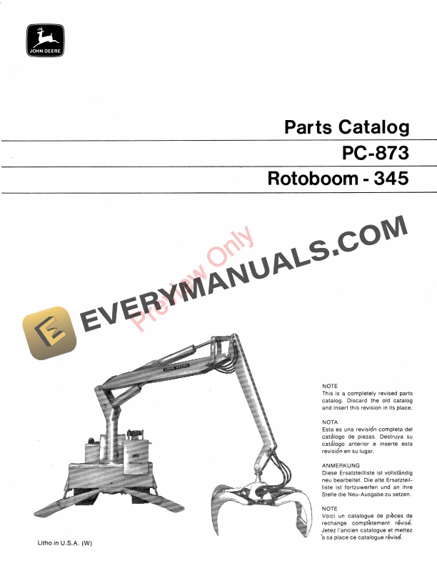 John Deere 345 Rotoboom Parts Catalog PC873 01MAR71-1