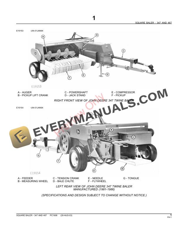 John Deere 347, 467 Square Twine Balers Parts Catalog PC1906 11MAY11-3