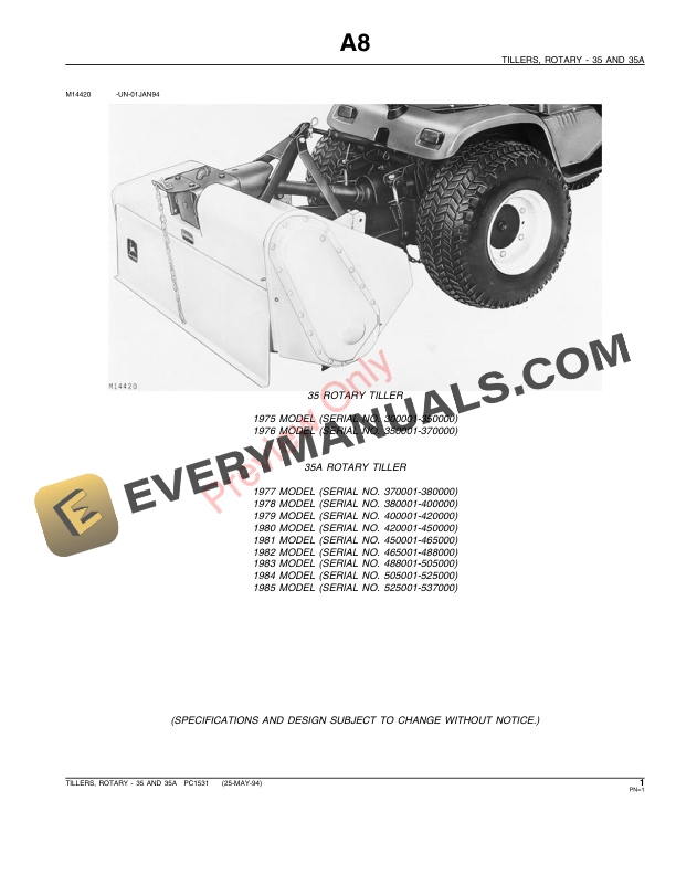 John Deere 35, 35A Rotary Tillers Parts Catalog PC1531 25MAY94-3