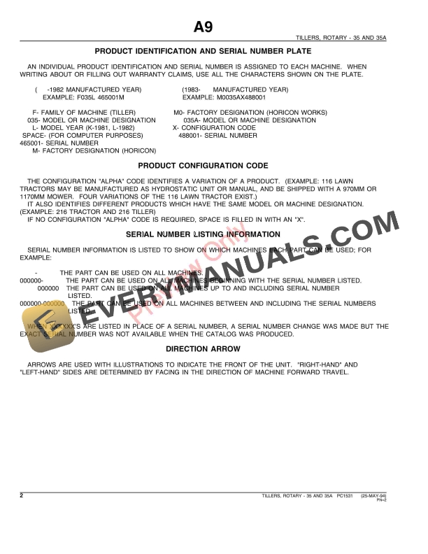 John Deere 35, 35A Rotary Tillers Parts Catalog PC1531 25MAY94-4