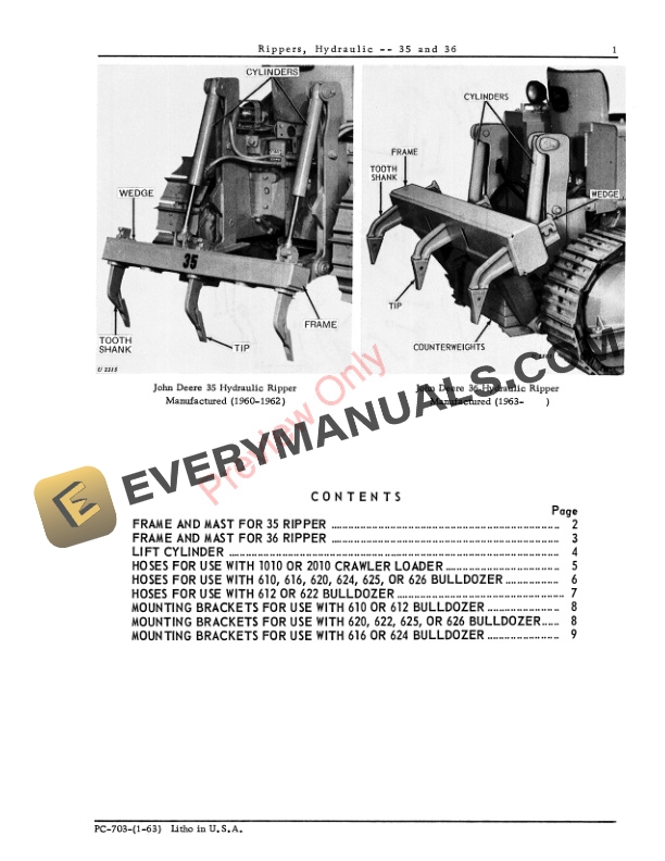 John Deere 35, 36 Hydraulic Rippers Parts Catalog PC703 01JAN63-3