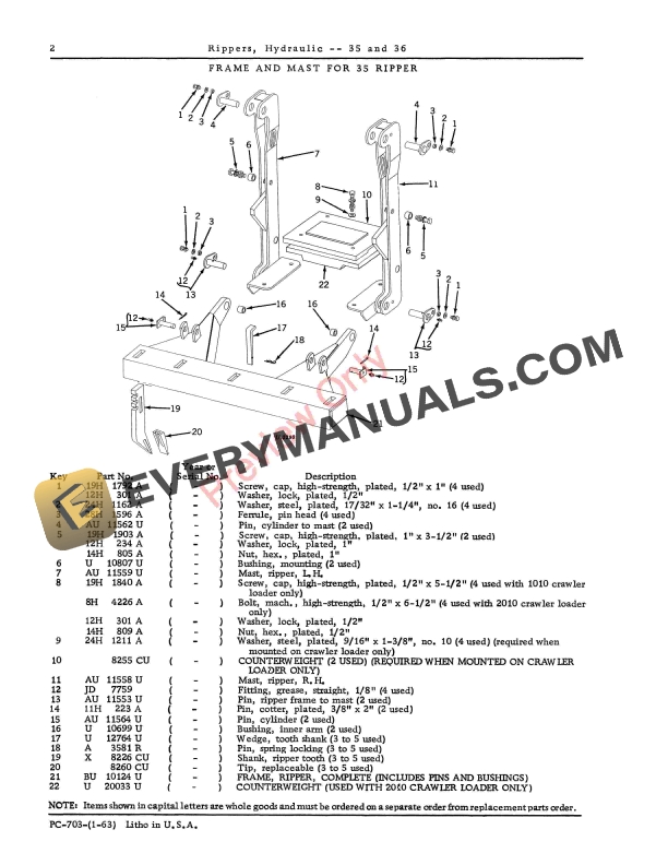 John Deere 35, 36 Hydraulic Rippers Parts Catalog PC703 01JAN63-4