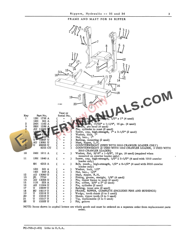 John Deere 35, 36 Hydraulic Rippers Parts Catalog PC703 01JAN63-5