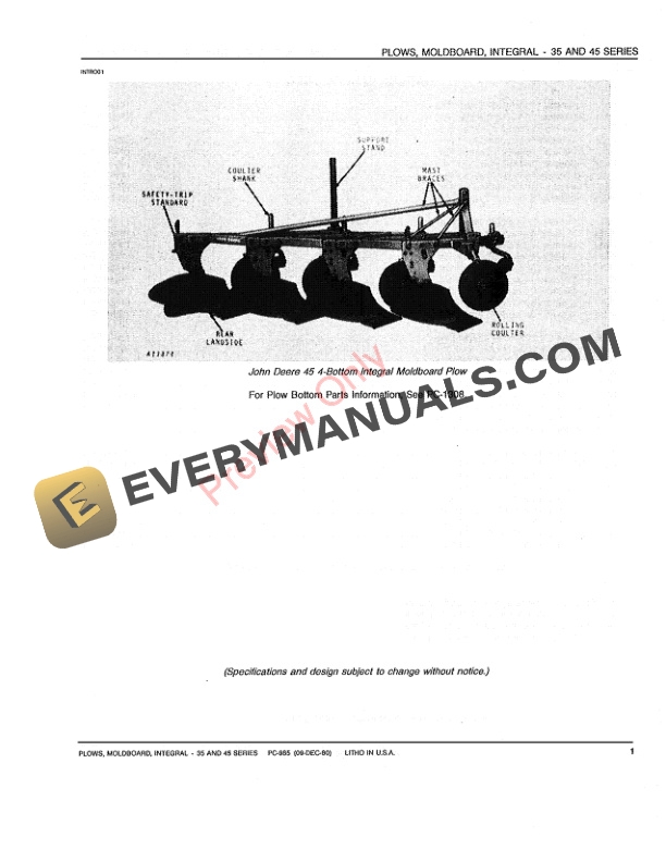 John Deere 35, 45 Series Integral Moldboard Plows Parts Catalog PC985 09DEC80-3