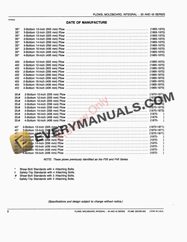 John Deere 35, 45 Series Integral Moldboard Plows Parts Catalog PC985 09DEC80-4