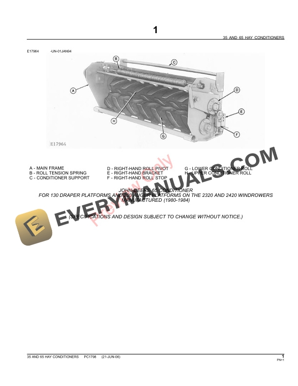 John Deere 35, 65 Hay Conditioners Parts Catalog PC1798 11MAY11-3