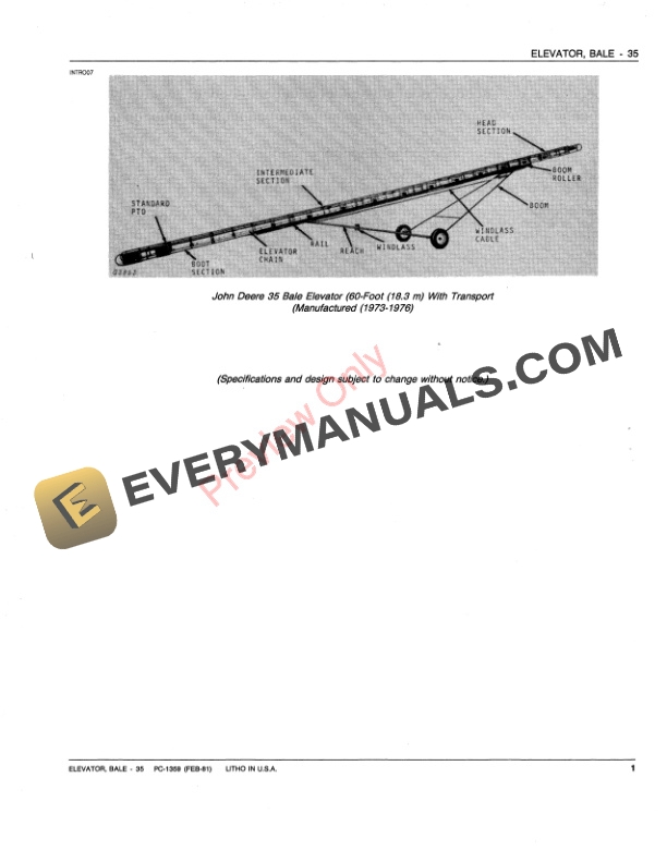 John Deere 35 Bale Elevator Parts Catalog PC1359 10FEB81-3