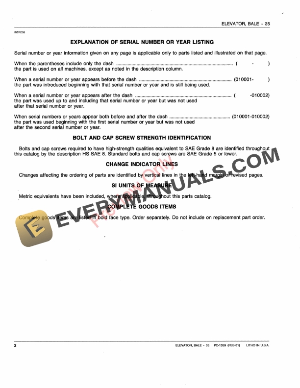 John Deere 35 Bale Elevator Parts Catalog PC1359 10FEB81-4