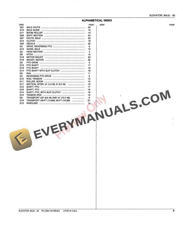 John Deere 35 Bale Elevator Parts Catalog PC1359 10FEB81-5