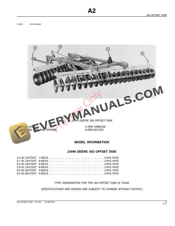 John Deere 350 Offset Disk Parts Catalog PC1559 19AUG99-3