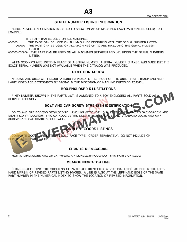 John Deere 350 Offset Disk Parts Catalog PC1559 19AUG99-4