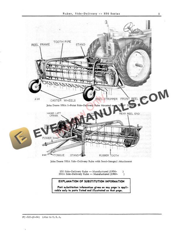John Deere 350 Series Hay Side Delivery Rake, Hitch Adapter Parts Catalog PC522 01JUN64 4 John Deere 350 Series Hay Side Delivery Rake, Hitch Adapter Parts Catalog PC522 01JUN64-3